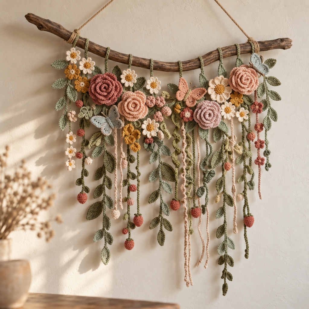 Flower Wall Hanging Crochet Pattern, Boho Botanical Home Decor