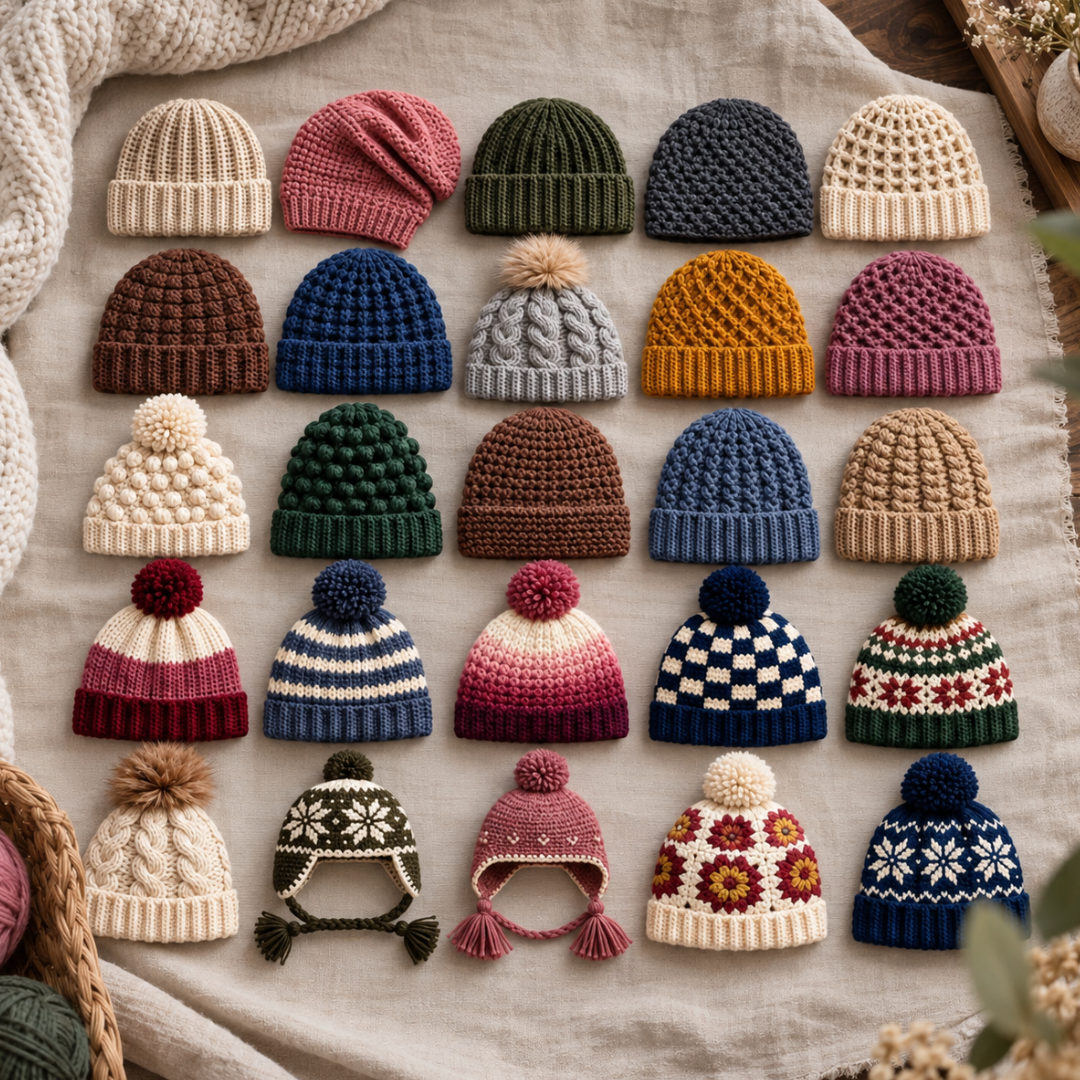 Crochet Winter Hat Patterns Bundle, 25 Beanie And Earflap Designs