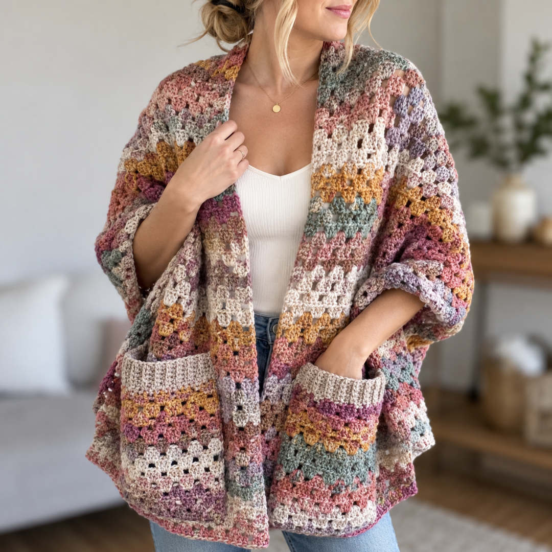 Chunky Pocket Shawl Crochet Pattern, Easy Beginner Granny Stitch Design