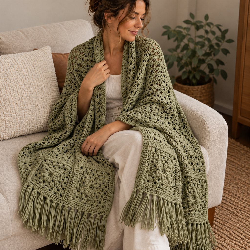 Rosewood Shawl Crochet Pattern, Oversized Granny Square Fringe Wrap