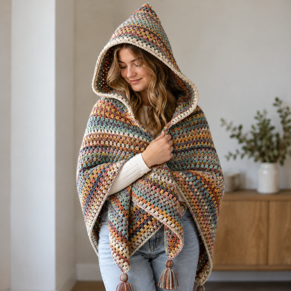 Hooded Shawl Crochet Pattern, Cozy Triangle Scarf And Wrap