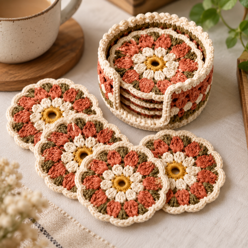 Crochet Flower Coaster Pattern, Modern Floral Coaster And Holder Set