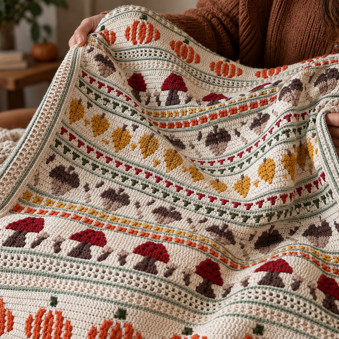 Fall Crochet Blanket Pattern, Autumn Mosaic Afghan With Pumpkins