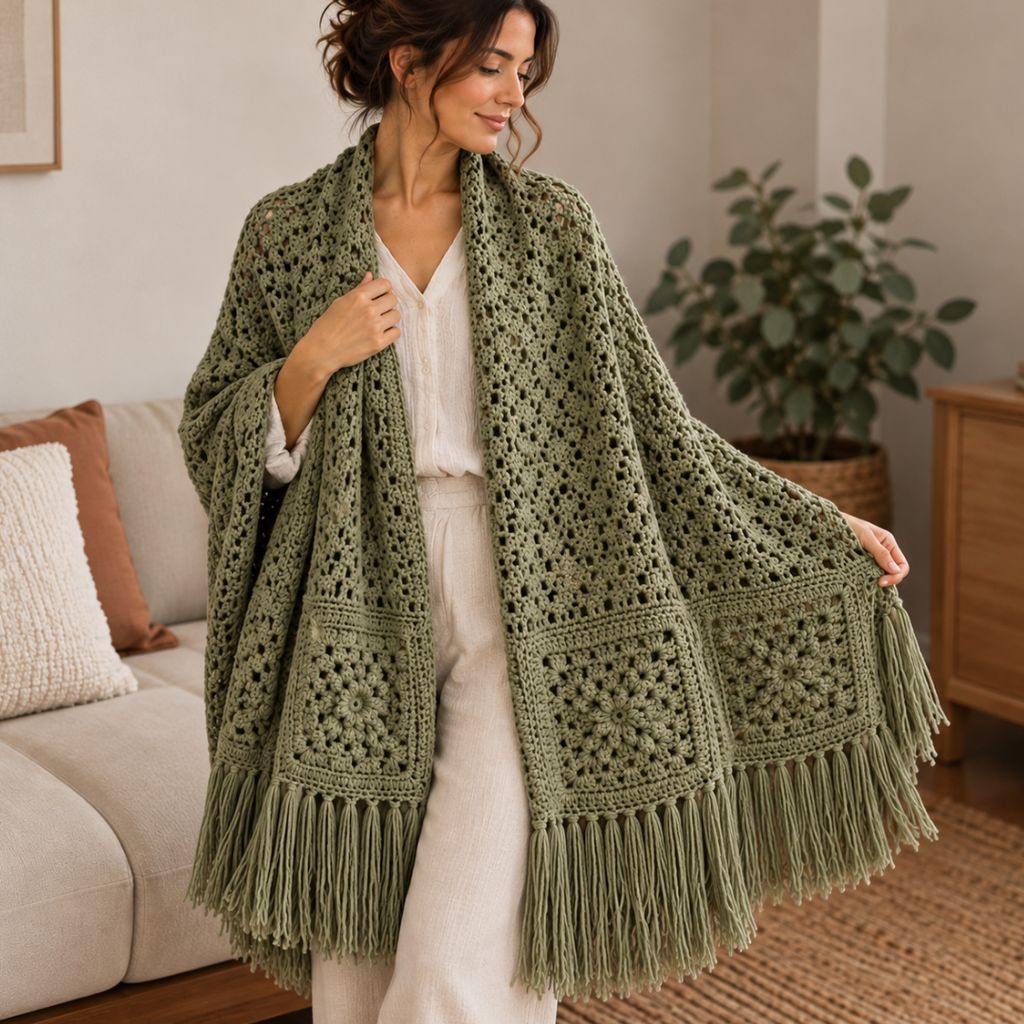 Rosewood Shawl Crochet Pattern, Oversized Granny Square Fringe Wrap