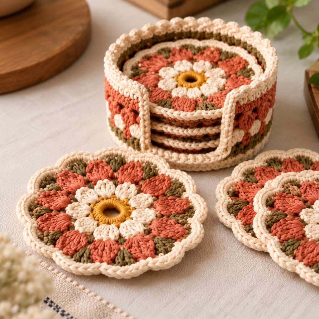 Crochet Flower Coaster Pattern, Modern Floral Coaster And Holder Set
