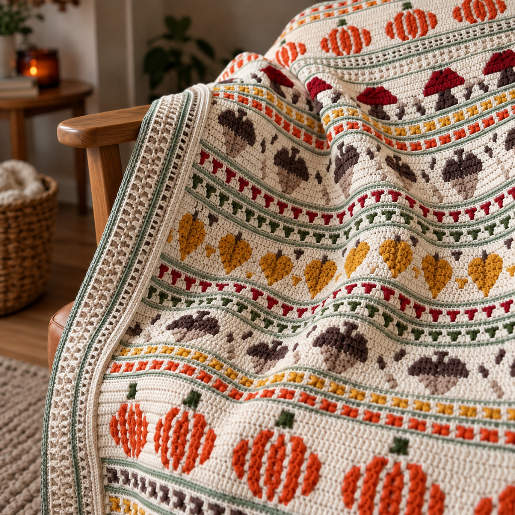 Fall Crochet Blanket Pattern, Autumn Mosaic Afghan With Pumpkins