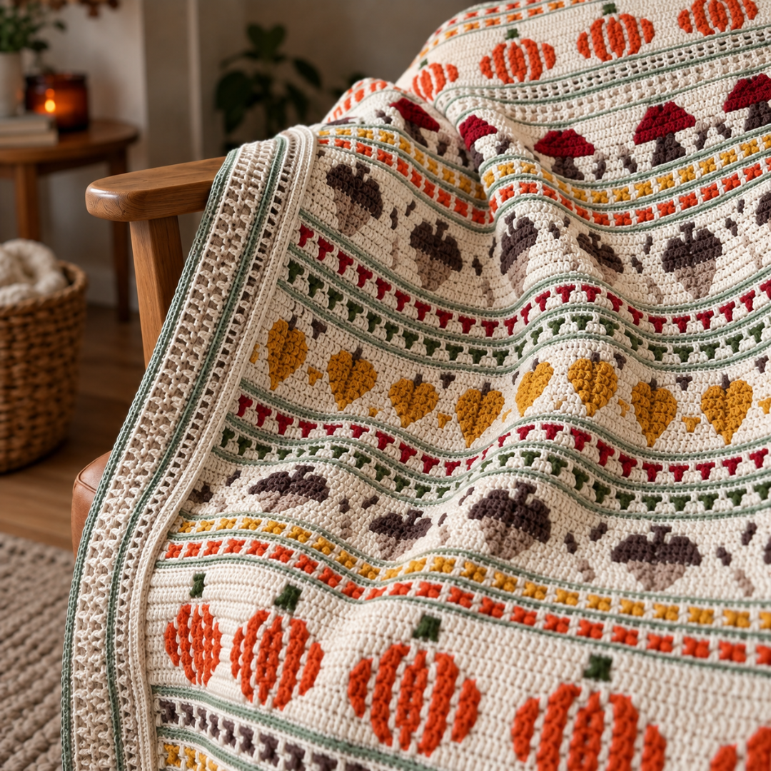 Fall Crochet Blanket Pattern, Autumn Mosaic Afghan With Pumpkins