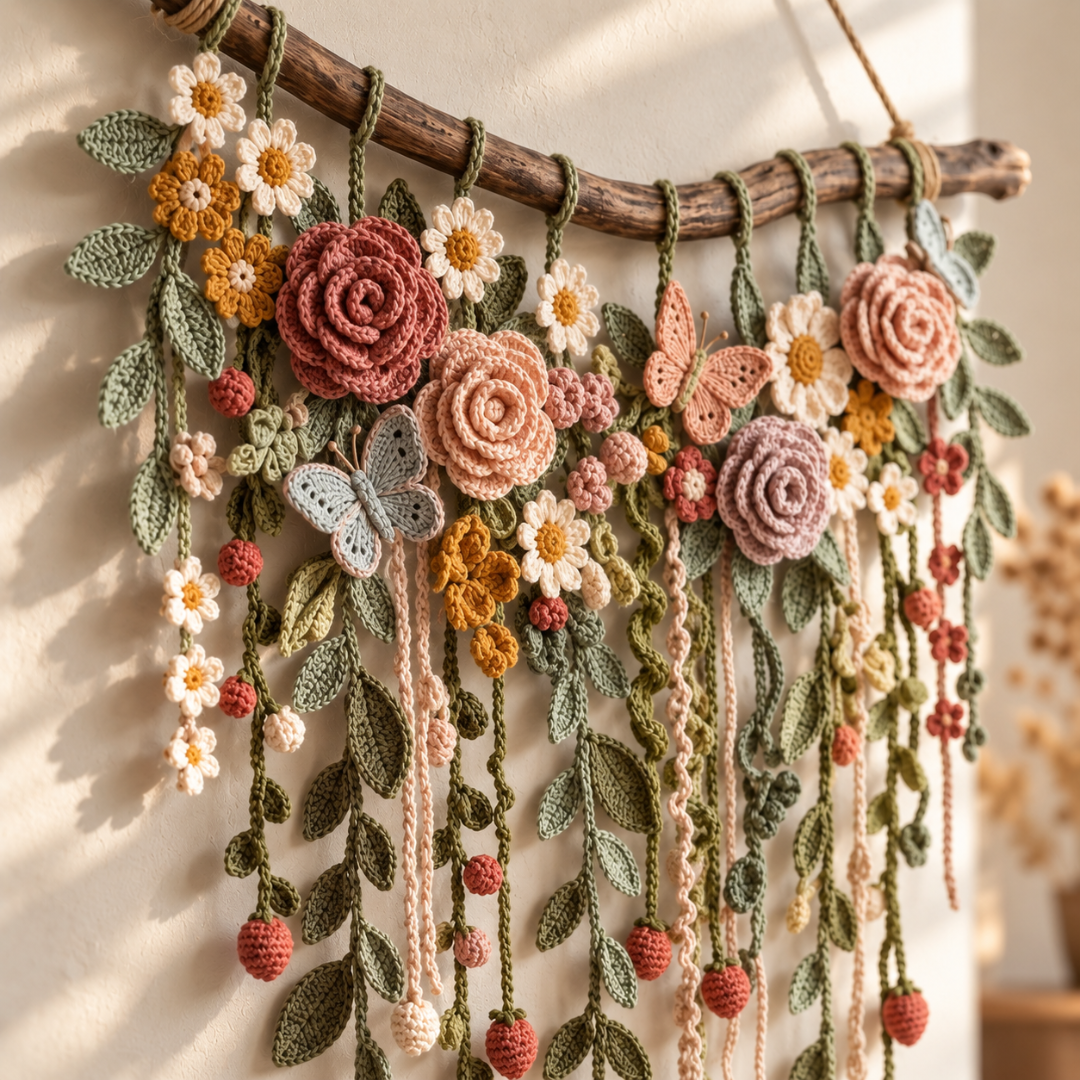 Flower Wall Hanging Crochet Pattern, Boho Botanical Home Decor
