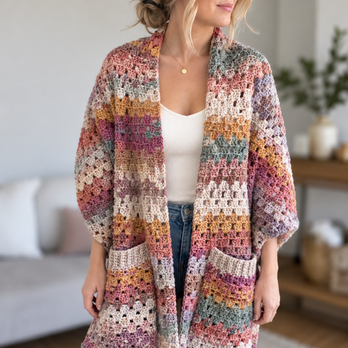 Chunky Pocket Shawl Crochet Pattern, Easy Beginner Granny Stitch Design
