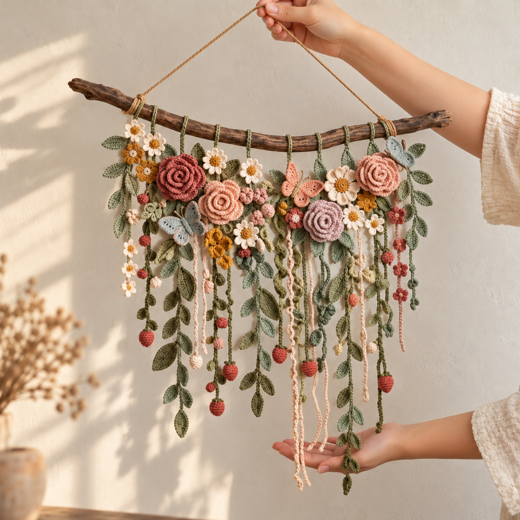 Flower Wall Hanging Crochet Pattern, Boho Botanical Home Decor
