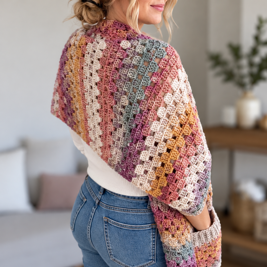 Chunky Pocket Shawl Crochet Pattern, Easy Beginner Granny Stitch Design