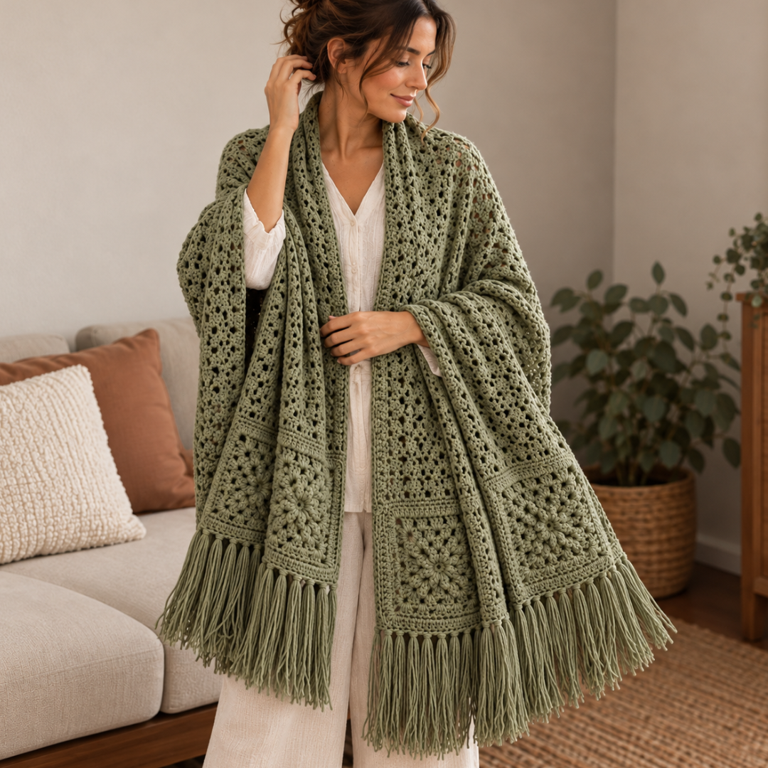 Rosewood Shawl Crochet Pattern, Oversized Granny Square Fringe Wrap