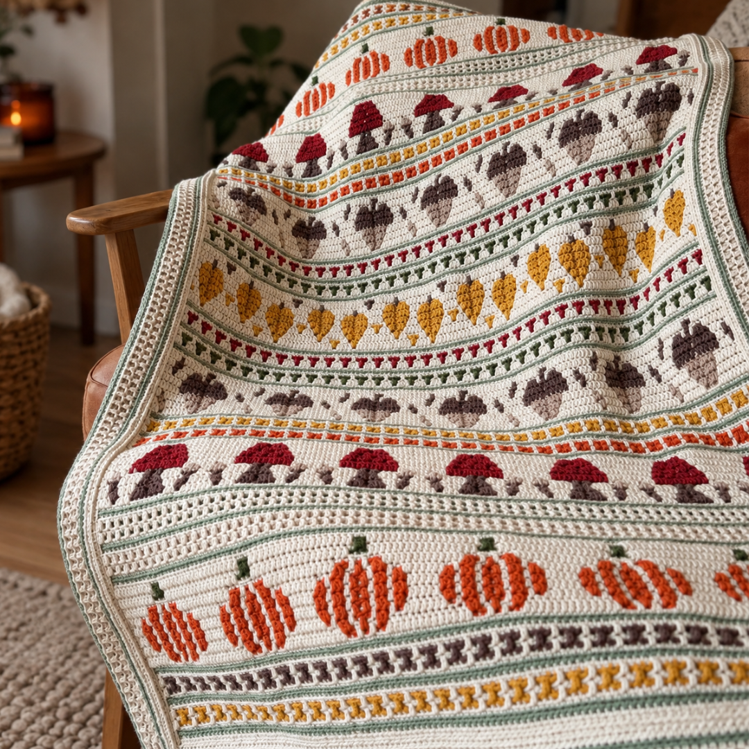 Fall Crochet Blanket Pattern, Autumn Mosaic Afghan With Pumpkins